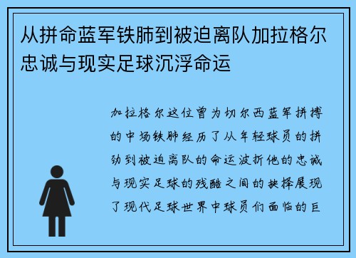 从拼命蓝军铁肺到被迫离队加拉格尔忠诚与现实足球沉浮命运